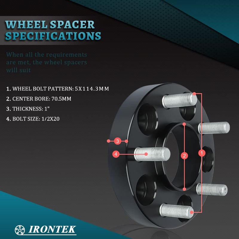 IRONTEK 1in Hubcentric Spacers 5x114.3mm (70.5mm Hub Bore, 1/2x20 Studs) 5x4.5" to 5x4.5" Wheel Spacers Adapter 25mm FITS Ford Explorer Mustang Ranger Crown Victoria, Lincoln Mark VII, Mazda B2500 B3000 - Image 3